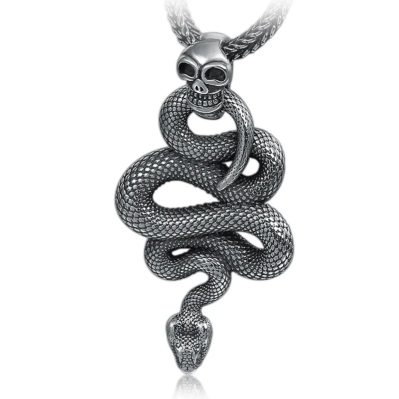 SILVER Стерлингового серебра 925 пробы Череп Змея Мужская подвеска винтажная тайская серебряная подвеска с черепом панк ожерелье ручной работы подвески ювелирные изделия - Окраска металла: SILVER