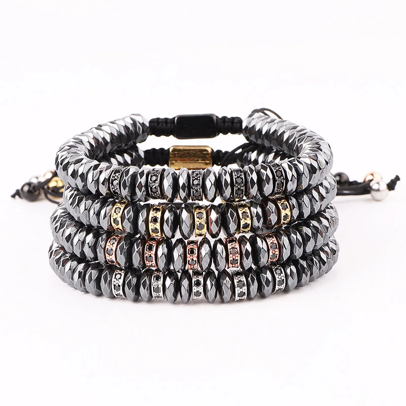 New Design Natural Faceted Hematite Beaded CZ Micro Pave Charms Handmade Adjustable Bracelet Men Jewelry Gift