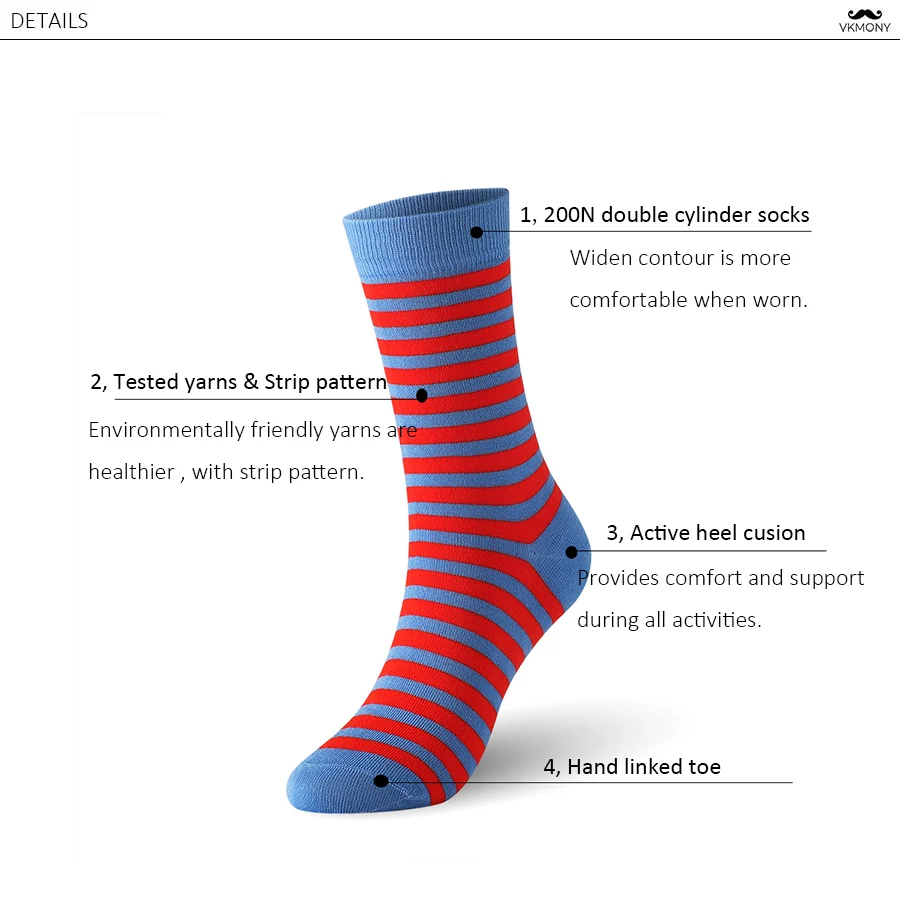 Мужские носки, хлопковые мужские брендовые носки в полоску, повседневные носки большого размера(EU 39-46)(US 7,0-12,0) VKMONY