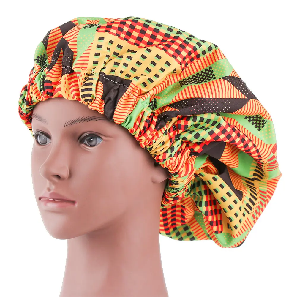 1 шт. новые очень большие атласные выстроились Bonnets для женщин Африканский узор печати ткань Анкара Bonnets ночной сон шляпа женский тюрбан подарки