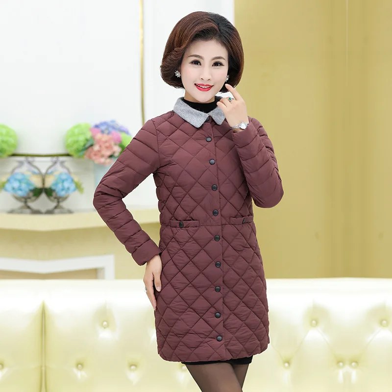

Middle-aged Women Dress Winter Fashion Mid-length Plaid Cotton-padded Clothes New Style Fold-down Collar Cotton Coat Middle Aged