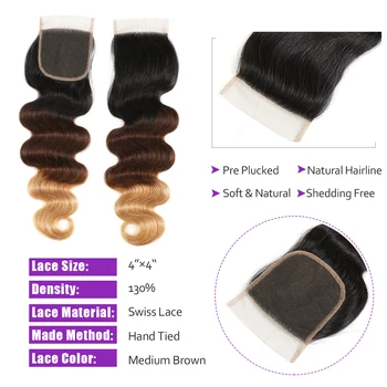 

Alidoremi Brazilian Body Wave Lace Closure Remy Human Hair Middle Free Part 4x4 T1B #4#27#613 Ombre Blonde Color Closure