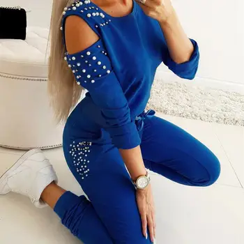 

Women Casual Beading Two Piece Sets Sexy Long Sleeve Tops Drawstring High Waist Pants Set Tracksuit Sports Suit