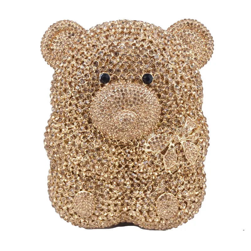 

Golden Lovely 3D Shape Bear Crystal Evening Bags Metal Luxury Chain Shoulder Handbags Dinner Party Small Bags Wedding Purse