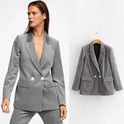 Однотонная серая Женская одежда, Женская куртка, блейзер с длинным рукавом и воротником-стойкой, 2019, деловой пиджак, костюм, верхняя одежда