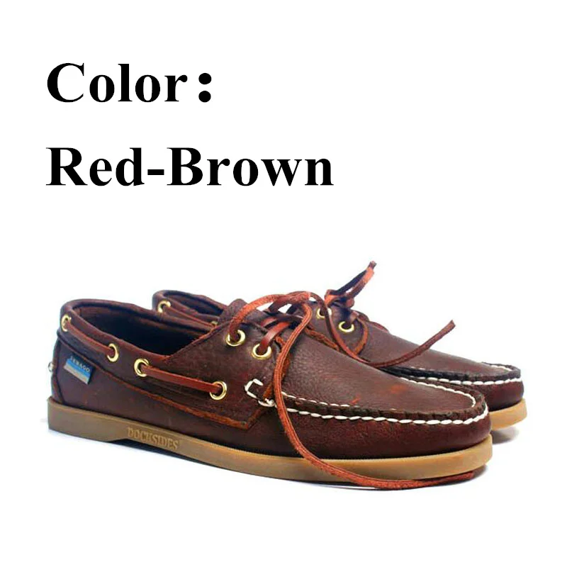 Mens Casual Genuine Leather Docksides Deck Lace Up Moccain Boat Loafers Shoes Driving Fashion Unisex Plus Size Wine red