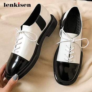 

Lenkisen leisure preppy style full grain leather mixed colors thick med heel round toe lace up daily wear dating women pumps L33
