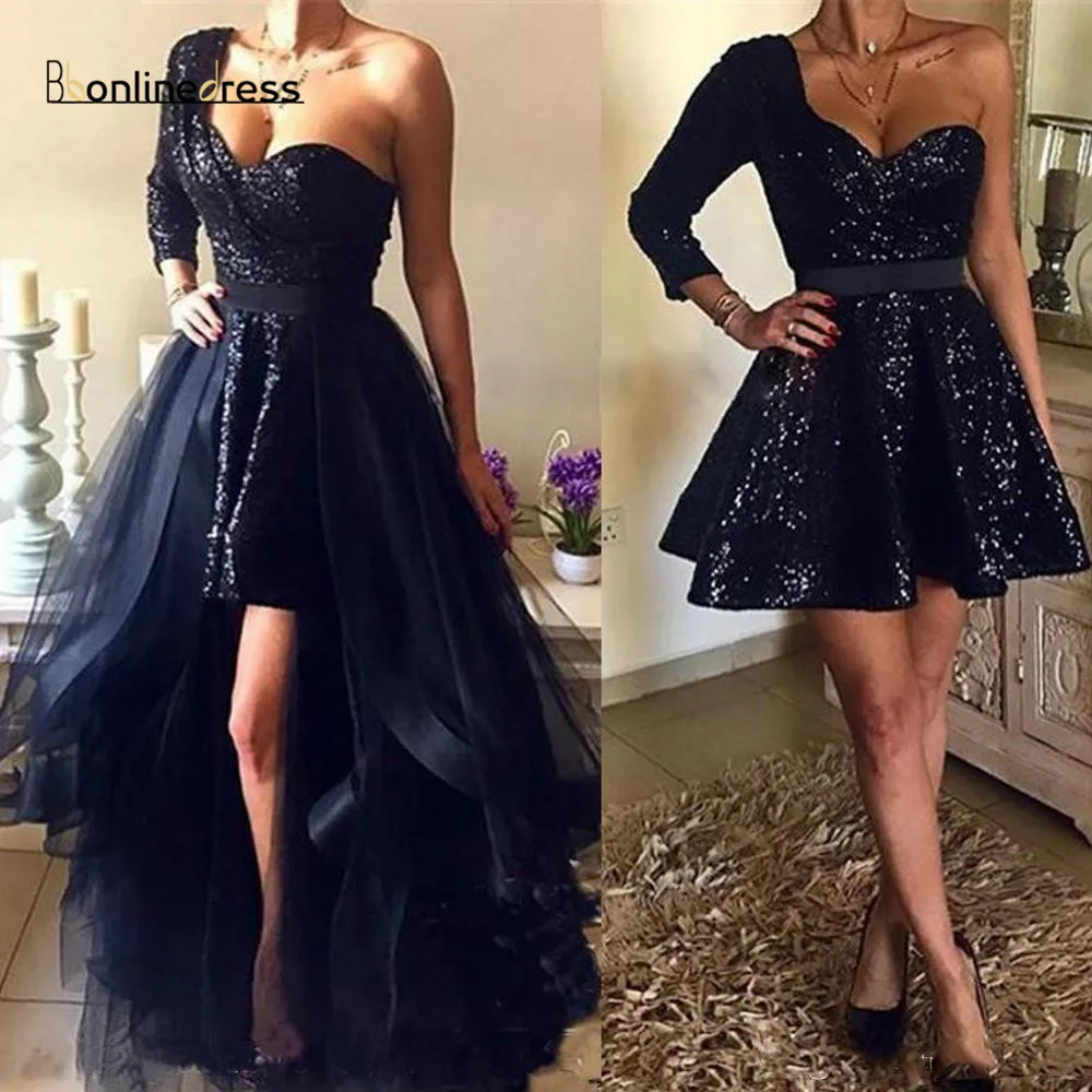 

2020 Charming Navy Sequins Fabric Detachable Train Prom Dresses Sweetheart One Shoulder With Long Sleeves Ruffles Party Dress