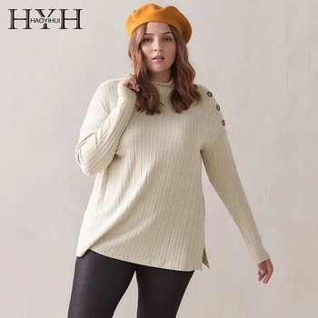 

HYH Haoyihui 2019 New Autumn Solid Vertical Collar Wide Striped Knitted Single Side Button Long Sleeved Large Size Sweater