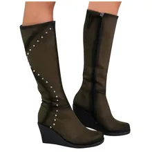 Зимняя обувь женские ботинки для отдыха в римском стиле больших размеров однотонные черные сапоги до колена на танкетке, без шнуровки, со стразами замшевая обувь botas feminina