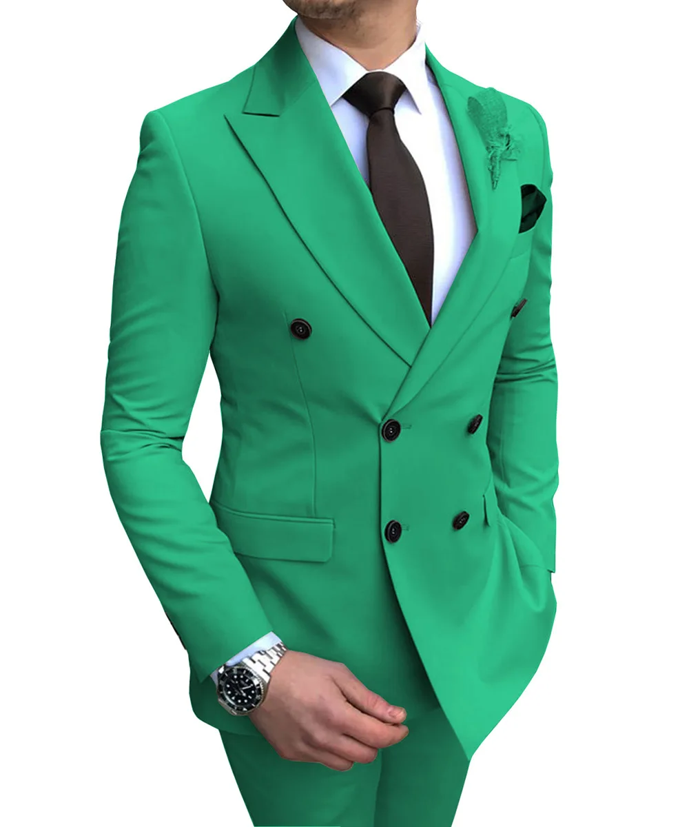 Зеленый мужской костюм 2 шт. двубортный тупый лацкан плоский приталенный Повседневный смокинг для свадьбы(Блейзер+ брюки