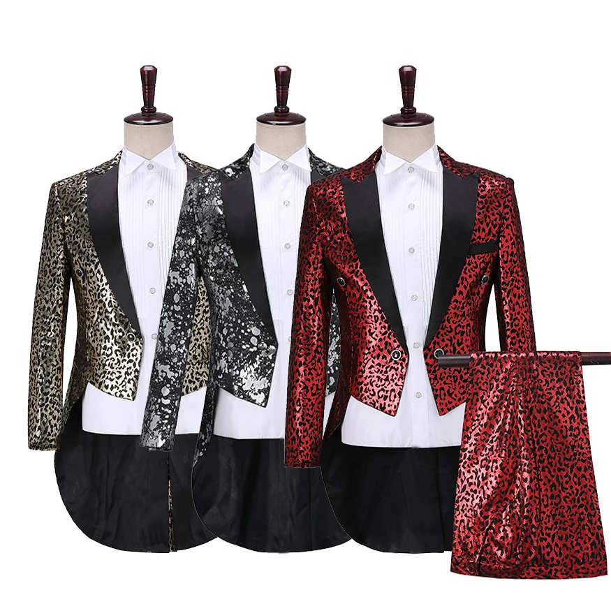 Luipaard Print Smoking Mannen 2 Stuk Pak Rode Goochelaar Chorus Concert Dans Swallowtail Prom Mannelijke Blazer Tailcoat (Jas + broek)