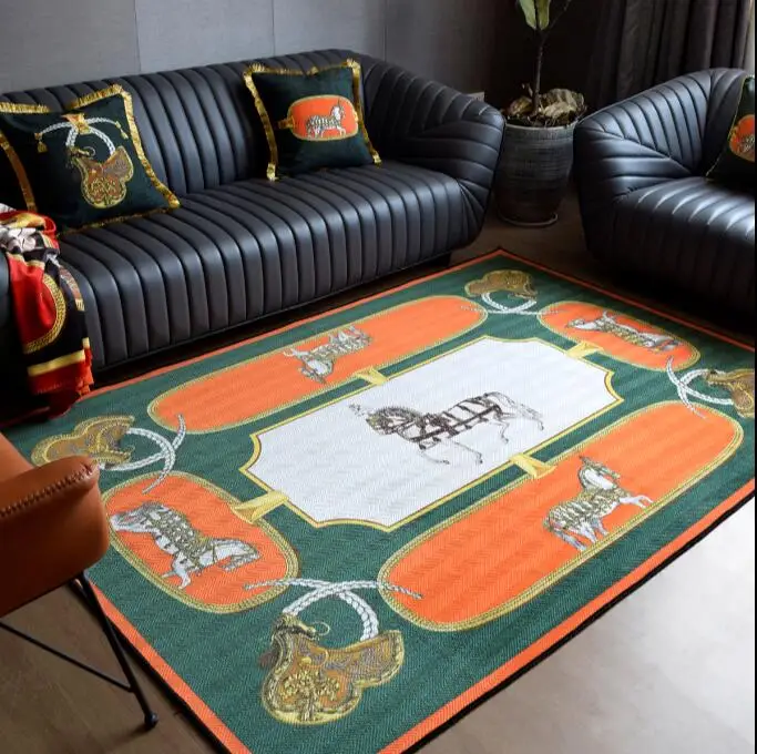 

Modern Fashion Luxury Carpet Horse 3d Printing Rectangle Rug Green Orange Embossing Living Room Bedroom Bedside Floor Table Mat