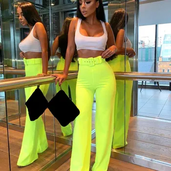 

2019 Autumn High Waist Wide Leg Pants Women Solid Sashes Straight Loose Pants Casual Long Trousers