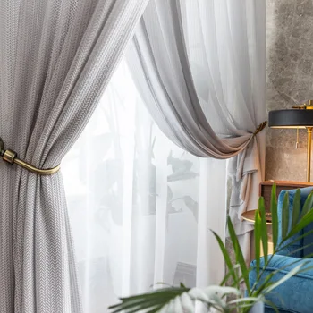 

Nordic Curtains for Living Dining Room Bedroom Light Luxury Simple Fish Bone Hollow Tulle Curtain Finished Product Customization