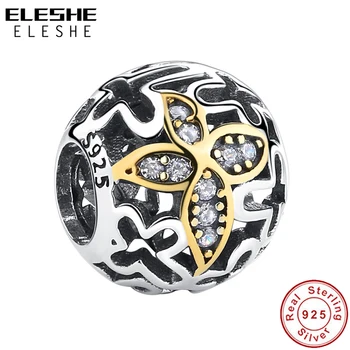 

ELESHE NEW Exquisite Gold Butterfly Charm 925 Sterling Silver Hollow Round Beads Fit Original Charm Bracelet Jewelry Making Gift