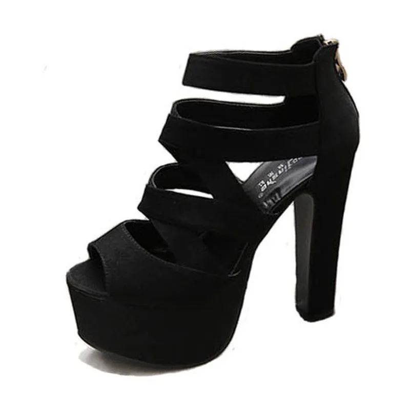 

PRETO BRANCO Spring Autumn Women 15CM Thick Heels Sandals Fish Toe Platform Black High-heeled Hollow Sandals .ZYW-303-57