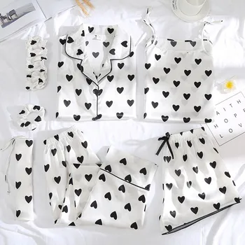 

Women's 7 Pieces Pajamas Sets Emulation Silk Heart shaped wave point Pyjama Sleepwear Sets Summer Homewear Sets Pajamas