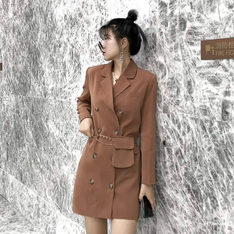 

LANMREM 2020 Spring New Korean Version Of The Double-breasted Belt Pockets Long-sleeved Suit Dress Women Match Waist Pack a573