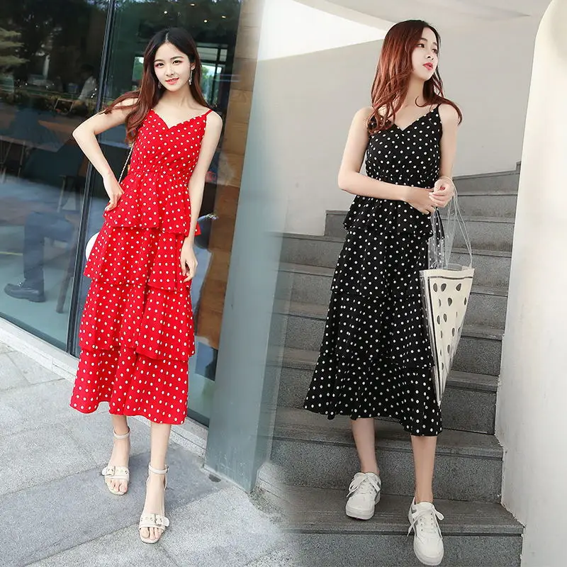

2019 Summer New Style Fashion French Camisole Cake Dress Chiffon Polka Dot Dress