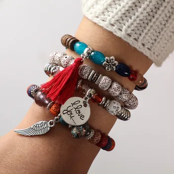 

2020 new Bohemian Wings Letters Fringed Flowers Bracelet 4 PCS vintage charm for women jewelry wholesale moonso S5737