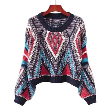 

2019 Fall Winter Women Casual O-Neck Loose Sweater Long Sleeve Patchwork Pullovers Geometry Plus Size Sweater