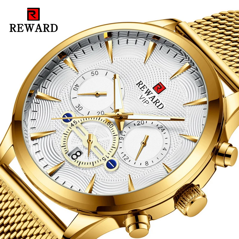 REWARD Men's Watch Quartz White Dial Date Display Mesh Band Luxury Golden Top Brand Business Watches Relogio Masculino