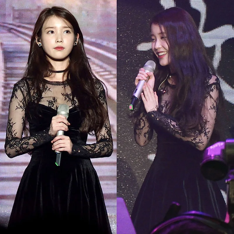 Kpop, IU Lee Ji Eun, те же вечерние, сексуальные, высокая талия, тонкое платье, женское, зимнее, кружевное, перспективное, черное, бархатное, с длинным рукавом, платья