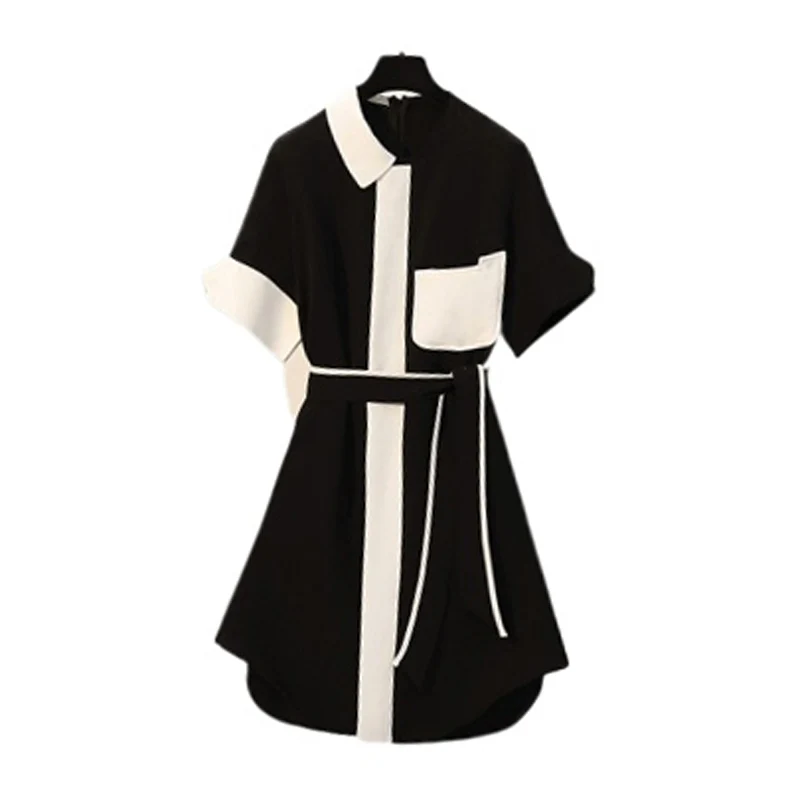 

PERHAPS U black white patchwork pocket asymmetrical dress pocket short sleeve D1274