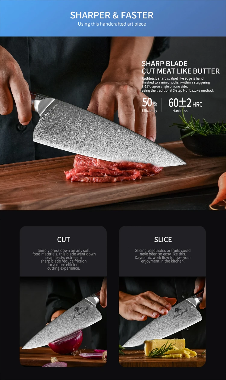Высокое качество, 8 дюймов, дамасский кухонный нож, профессиональный нож шеф-повара, кухонная утварь, нож для нарезки тартнеса