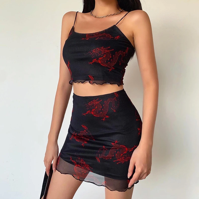 Darlingaga Chinese Style Dragon Print Summer Two Piece Set Women Mesh Sexy Matching Sets Strap Crop Top and Mini Skirt Suit 2020
