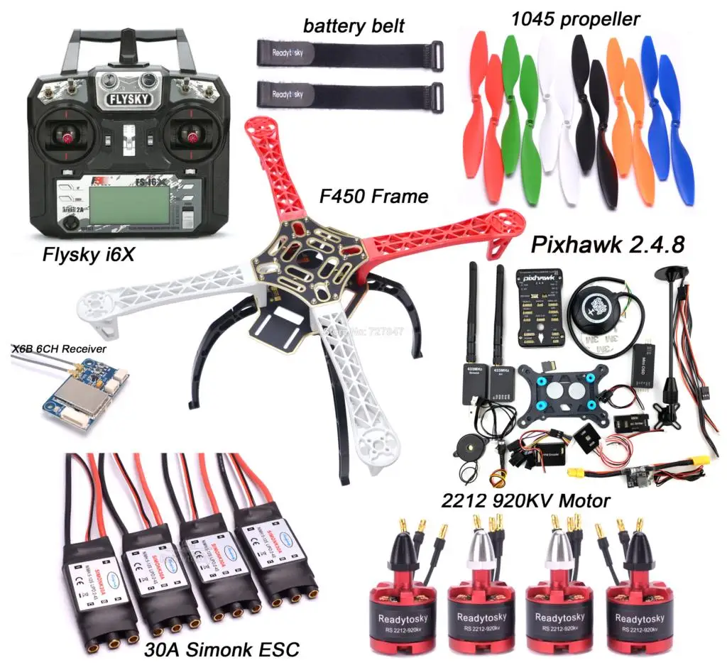 

F450 450mm Quadcopter Frame Kit PIXHAWK 2.4.8 Flight control M8N GPS 30A Simonk Brushless ESC 2212 920KV Motor Flysky I6X + X6B