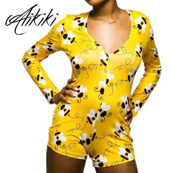 

Plus Size Sexy Onesies For Adults Women Summer Long Sleeve V-Neck Bee Pattern Print Short Jumpsuit Pajama Romper Women Nightwear