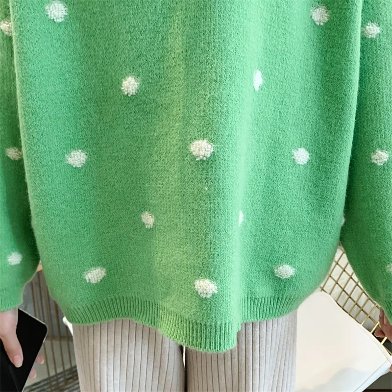 H.SA Women Winter Sweaters Long SLeeve Crew Neck Pink Pullover and Sweater Polka Dots Bow Sweaters Kawaii Knitwear Tops