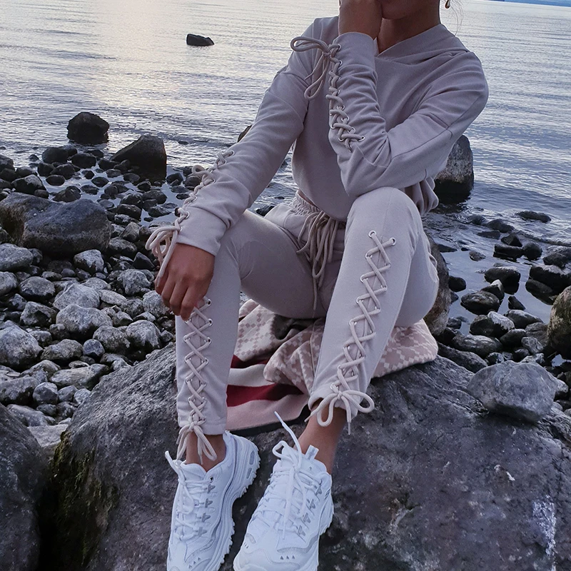 

OMSJ Casual Workout Khaki Outfits Sets For Ladies Tracksuit Autumn Bodycon Two Piece Set Crop Top+Long Pants Women Lace Up Suits