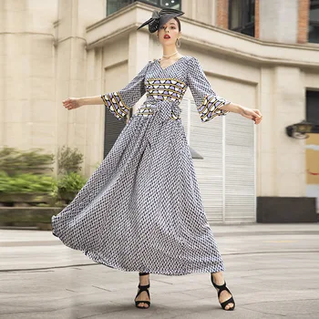 

2020 Chiffon Patchwork Long Dress Flare Sleeve Printed V Neck Ankle-Length Women Runway Dress Vintage DZ2336