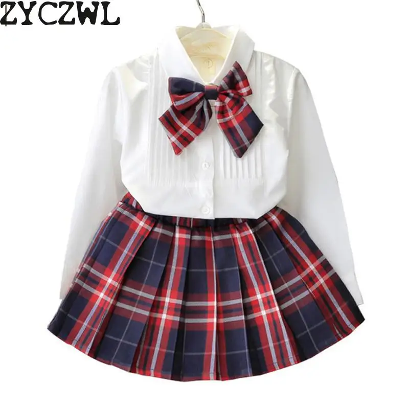 Осенняя детская одежда для маленьких девочек футболка с длинными рукавами+ юбка в клетку+ повседневный комплект из 3 предметов с бантом комплекты одежды для девочек-студенток