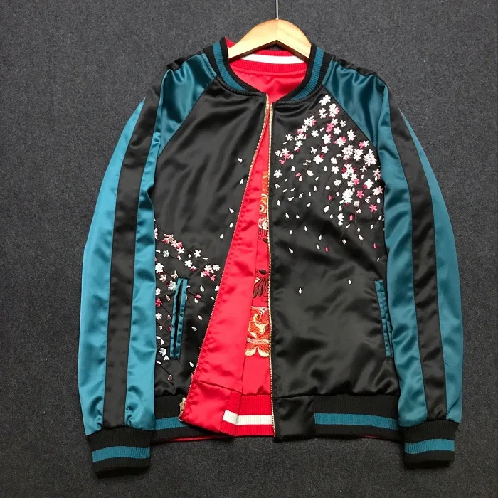 

Mens Satin Embroidery Fish Floral Reversed Souvenir Flight Jacket Japanese Sukajan Double Wear Slim Fit W12
