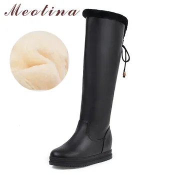 

Meotina Winter Snow Boots Women Boots Warm Plush Height Increasing Heel Knee High Boots Bow Round Toe Shoes Lady Big Size 34-43