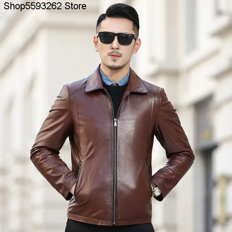 

Haining Genuine Leather Leather Coat Male Head Layer Cowhide Business Leisure Slim Fit Short Money Simple Lapel Middle Age