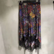 Разноцветная Рождественская шелковая Асимметричная юбка с принтом и кружевным подолом, модные женские миди юбки, ограниченное количество, новинка