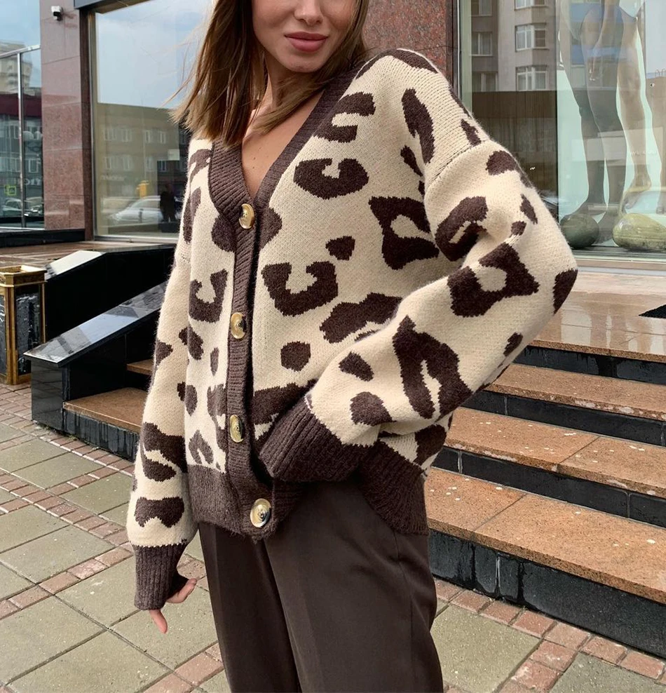 Autumn Winter Leopard Print Cardigan Women Knitted Sweater V-neck Female  2023 Loose Button Coat Warm Cardigan for Women Outwear - AliExpress