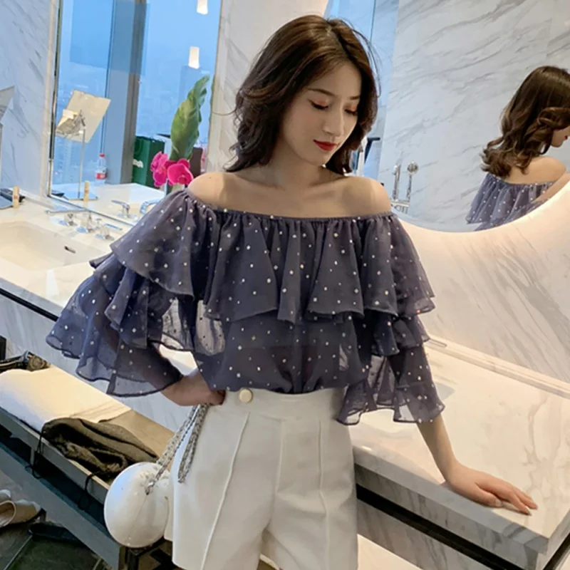 Women Fashion Blouse Sexy Off Shoulder Ruffles Top Summer Casual Loose Blouse Solid Women Blouse