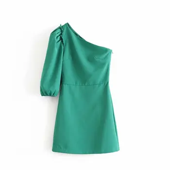

2019 women fashion sexy one shoulder green asymmetrical mini dress female pleats vestidos casual slim high street dresses DS2645
