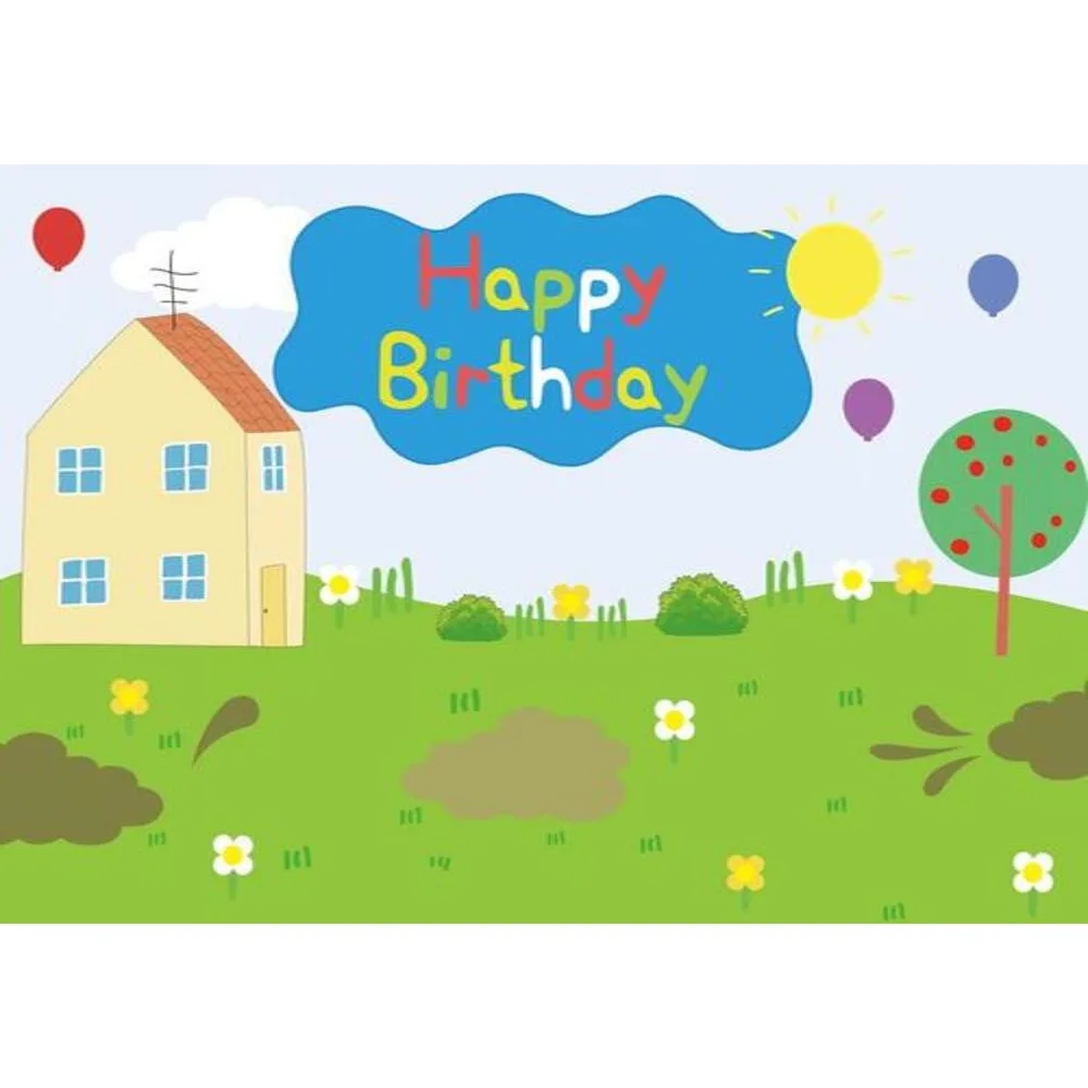 Funnytree Spring 1st Birthday Kid Background Baby Shower Tree Balloon Blue Banner Pig House Backdrop Photozone Photography Vinyl photo backdrop photography auxiliary props