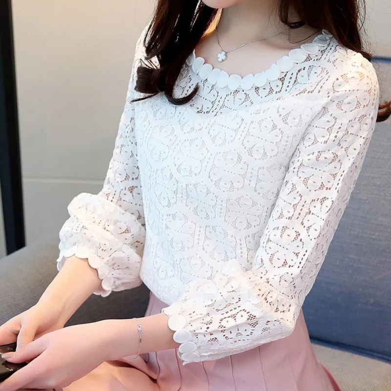 

Women White Lace Blouse Autumn Lantern Long Sleeve Floral Crochet Round Neck Hollow Out Tops Korean Shirt Camisas Femininas