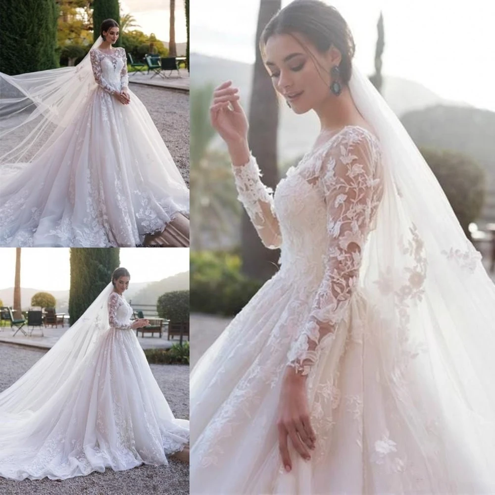 

Simple Long Sleeve Wedding Dress A Line Sheer Neck Appliqued Robe Dubai Mariage Spandex White Boho Wedding Dress Court Train