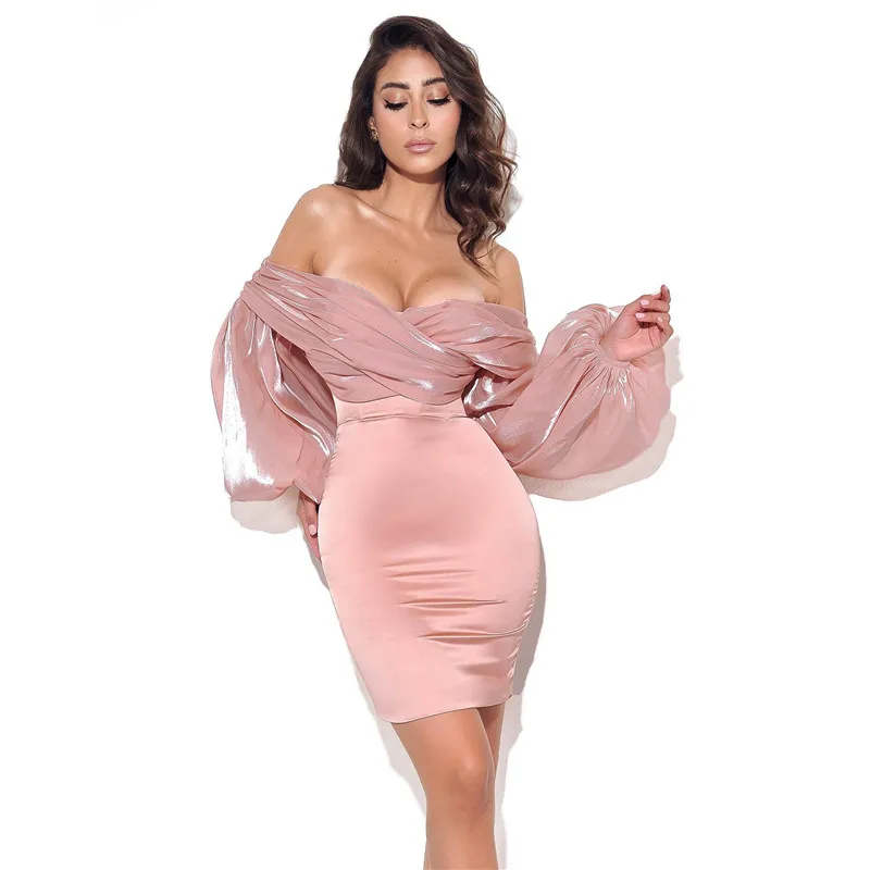 

Fashion Off Shoulder Mini Dress Women Long Sleeve Celebrity Party Club Bodycon Outfits Sexy Ruched Strapless Bandage Vestidos