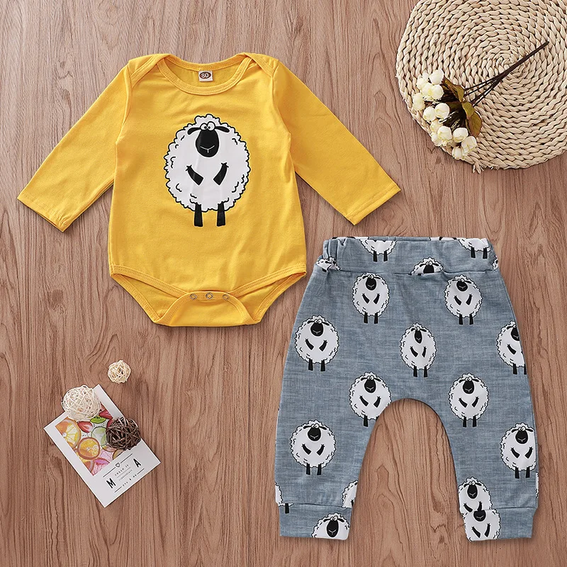 

Fall Newborn Set Baby Two Piece Set Cartoon Sheep Print Yellow Long Sleeve Bodysuit and Grey Pants Gender Neutral Baby Clothes