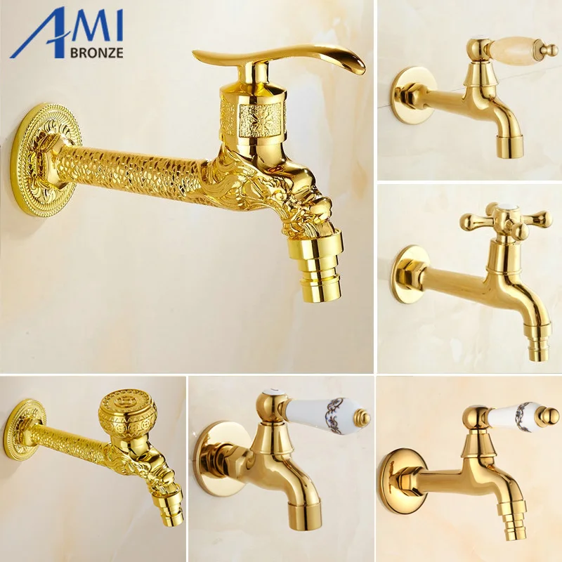 

Golden Polish Copper Carved Faucet Washing Machine Faucet Outdoor Faucet Single Cold Tap Garden Bibcock Mop Faucets 1015G